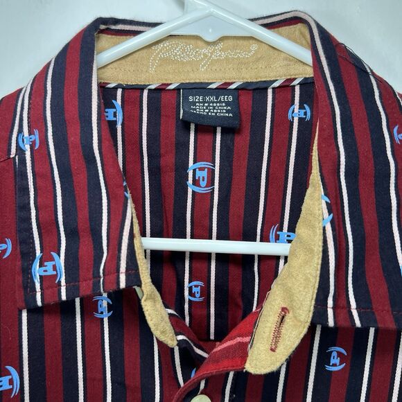 Vintage Phat Farm Button Up Shirt Mens XXL 2XL Red Striped Logo AOP French Cuff - Picture 8 of 13